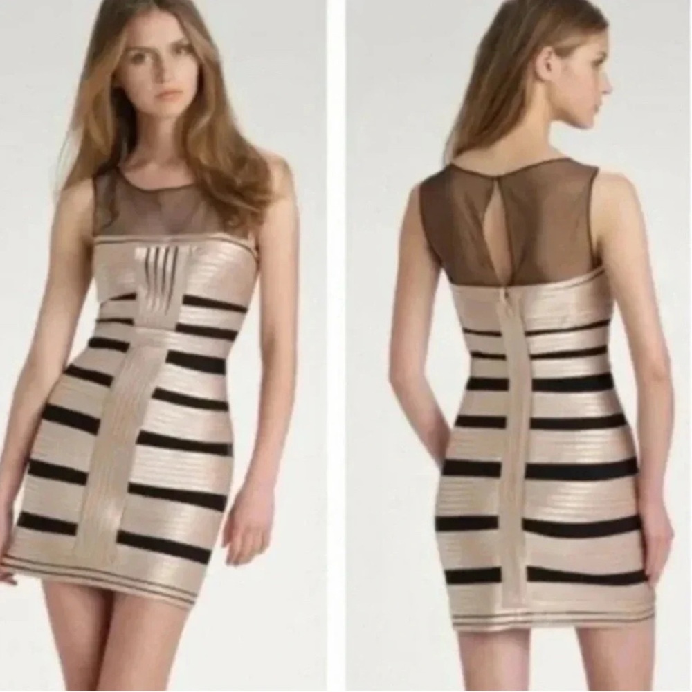 New BCBG MaxAzria Brenda Stretch Satin
Bandage Bodycon Dress Champagne Black 4